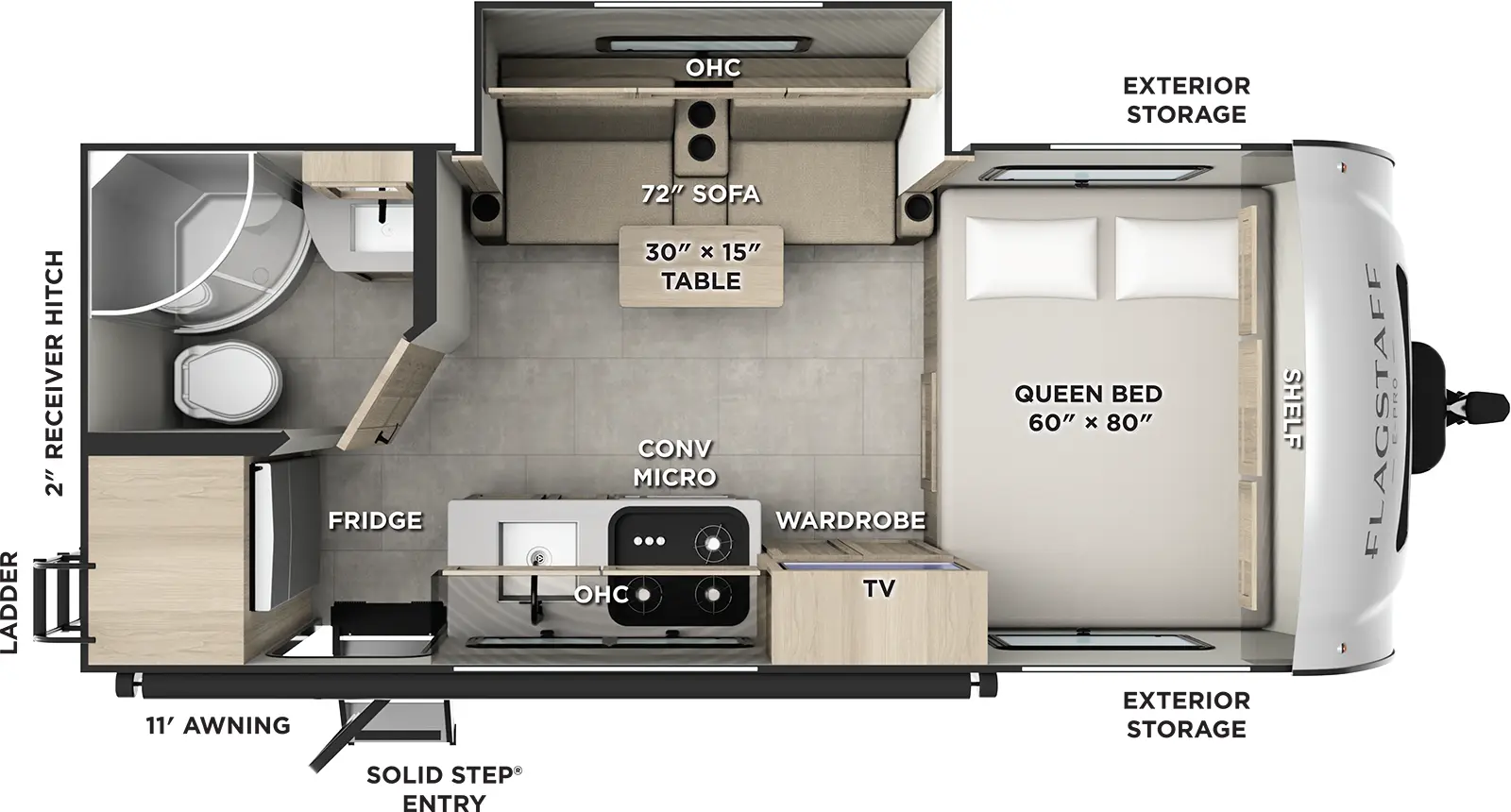 The Flagstaff E-Pro E19FBS floorplan has one entry and one slide out. Exterior features include: fiberglass exterior and 11' awning. Interiors features include: front bedroom.